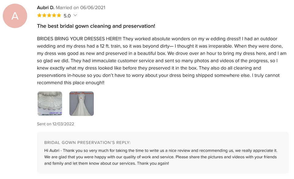 Wedding Wire Reviews-BridalGownPreservation.com